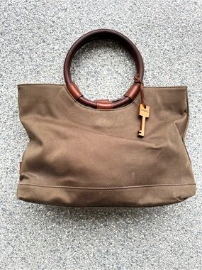 Fossil Olive-Brown Canvas Tote with Round Leather Handles
